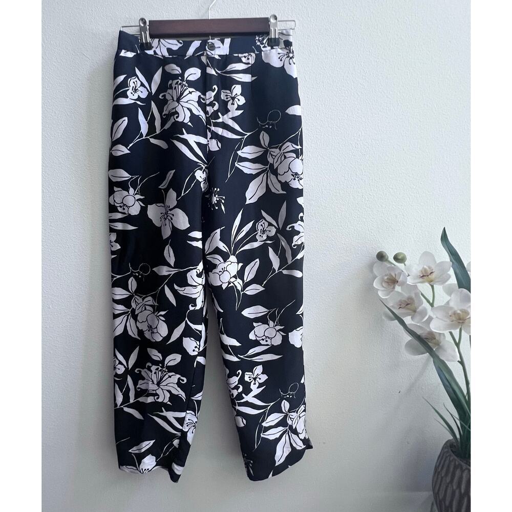 Vintage Bob Mackie Studio Black and White Floral Silk Lined Pants Womens Size 6